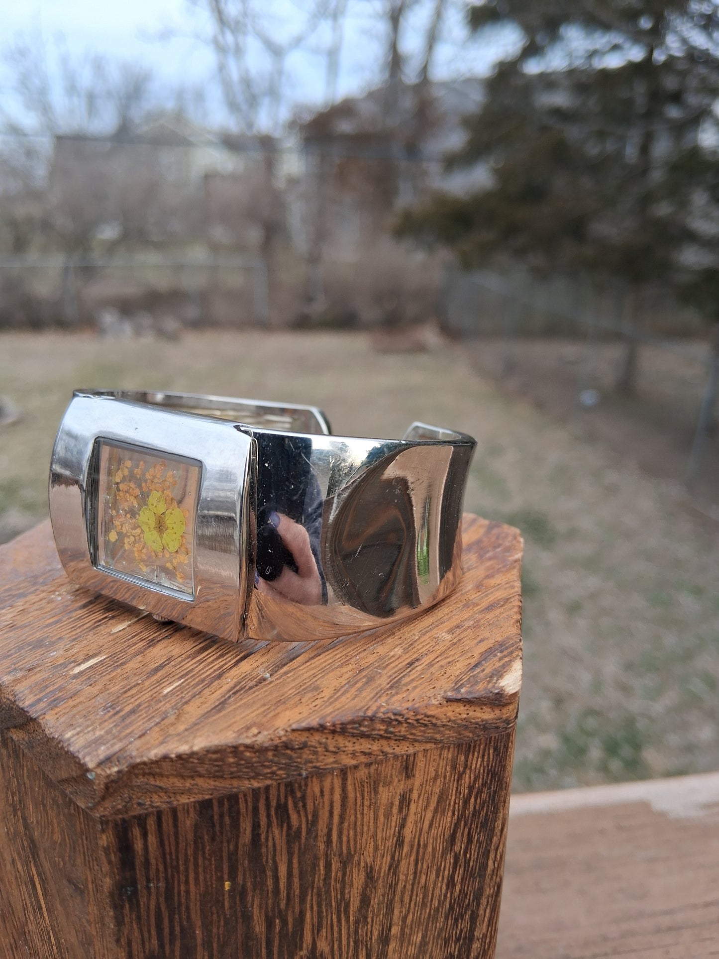Upcycled Watch Band Pressed Flower Cuff Bracelet