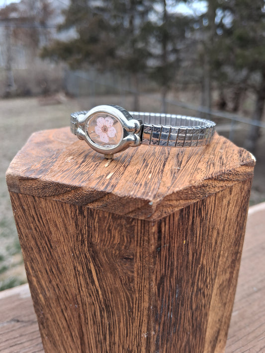 Upcycled Watch Pressed Pink Flower Stretch Bracelet