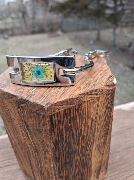 Upcycled Watch Turquoise & Yellow Pressed Flower Cuff Bracelet