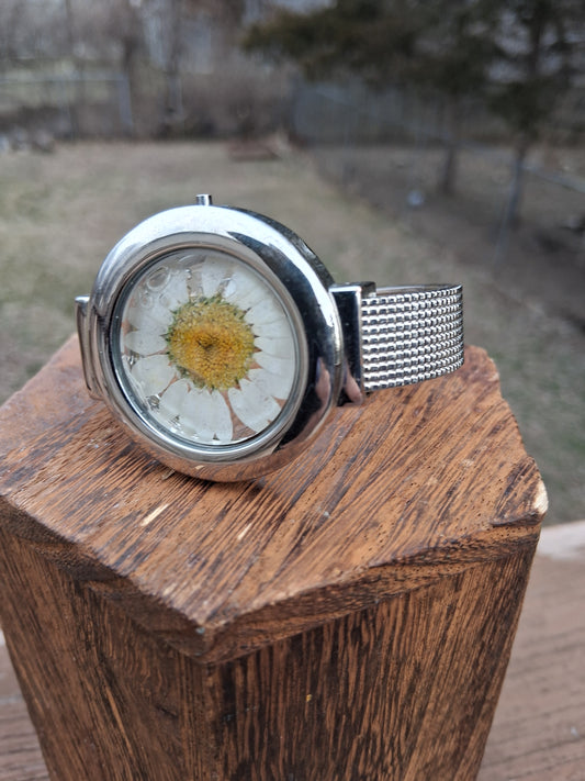 Upcycled Watch Pressed Daisy Cuff Bracelet