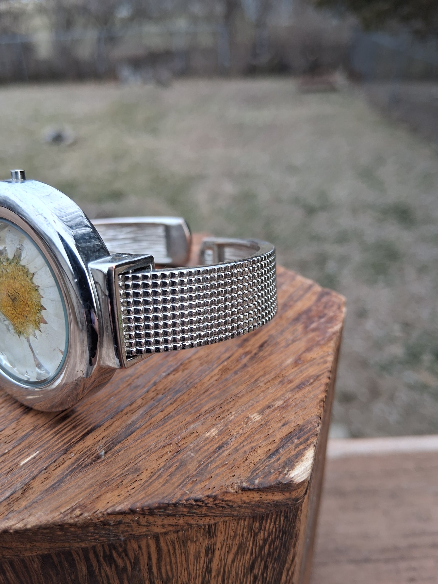 Upcycled Watch Pressed Daisy Cuff Bracelet