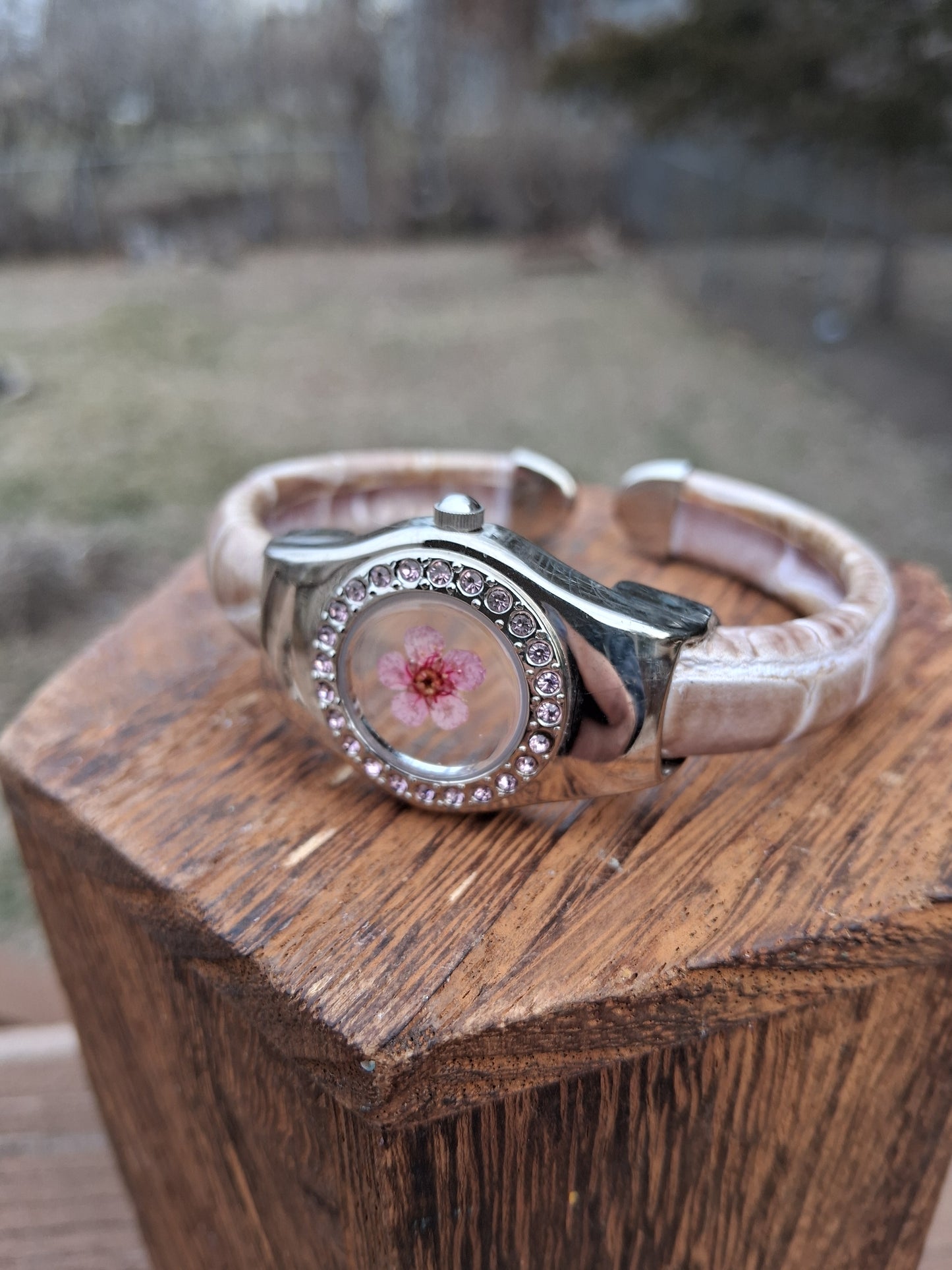 Upcycled Watch Pressed Pink Flower Rhinestone Cuff Bracelet