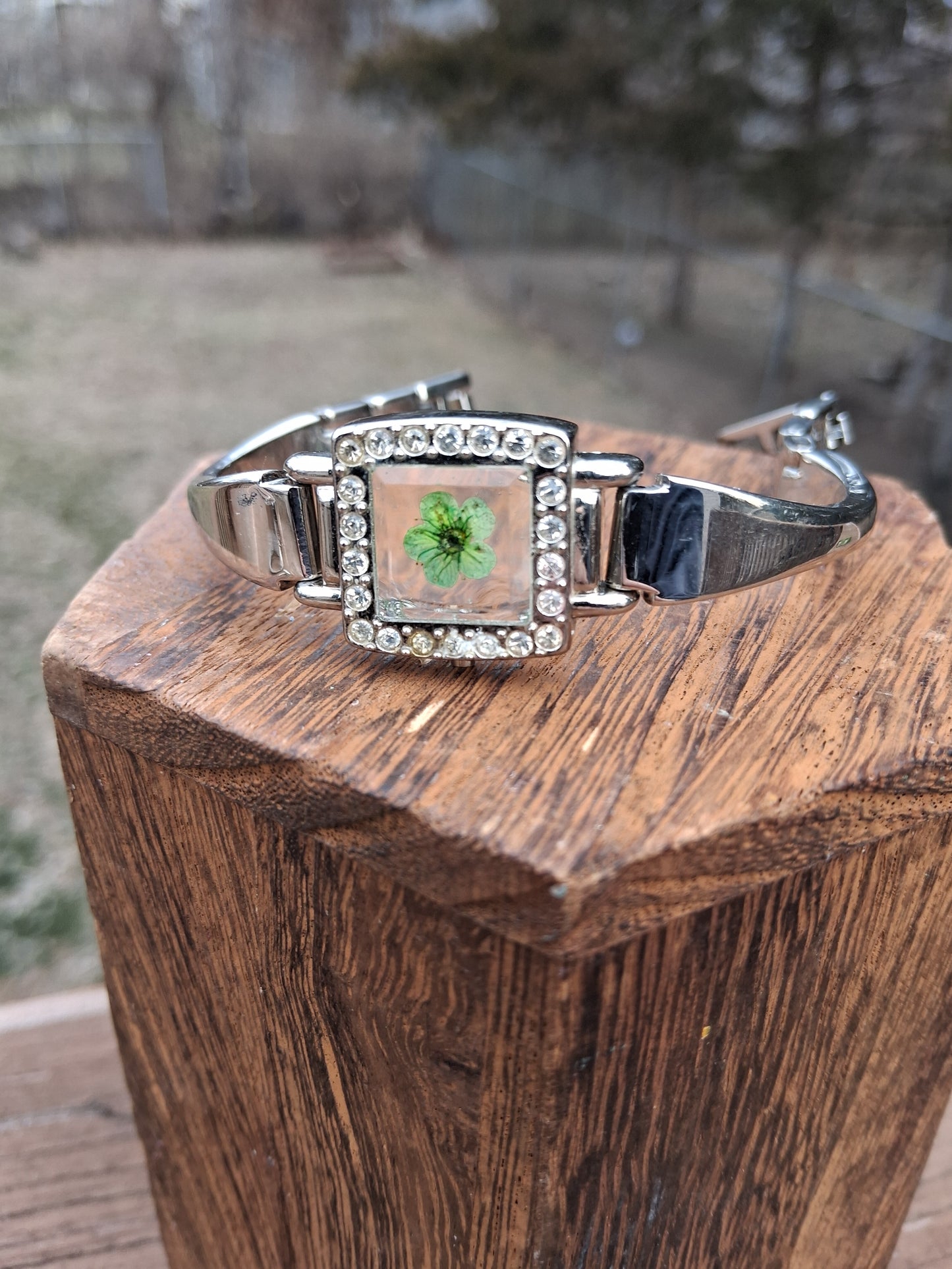 Upcycled Watch Pressed Green Flower Rhinestone Cuff Bracelet