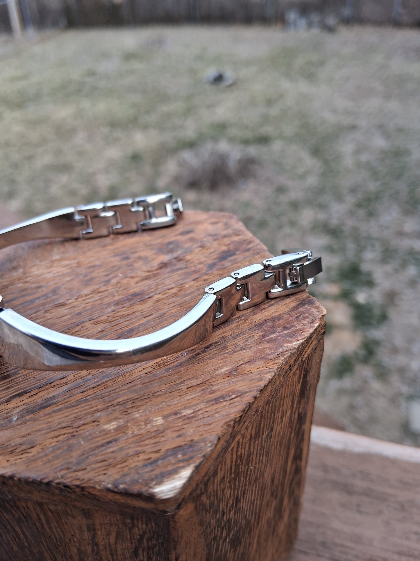 Upcycled Watch Pressed Green Flower Rhinestone Cuff Bracelet