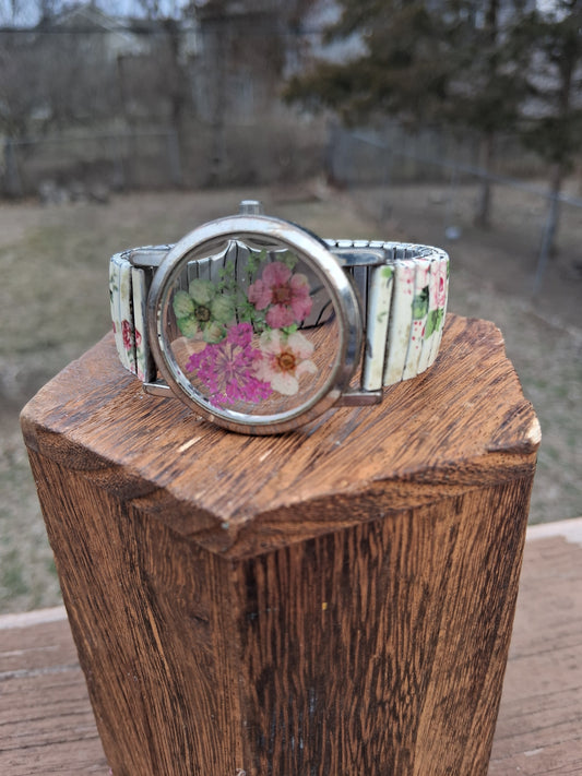 Upcycled Watch Pressed Flower Garden Stretch Band Bracelet