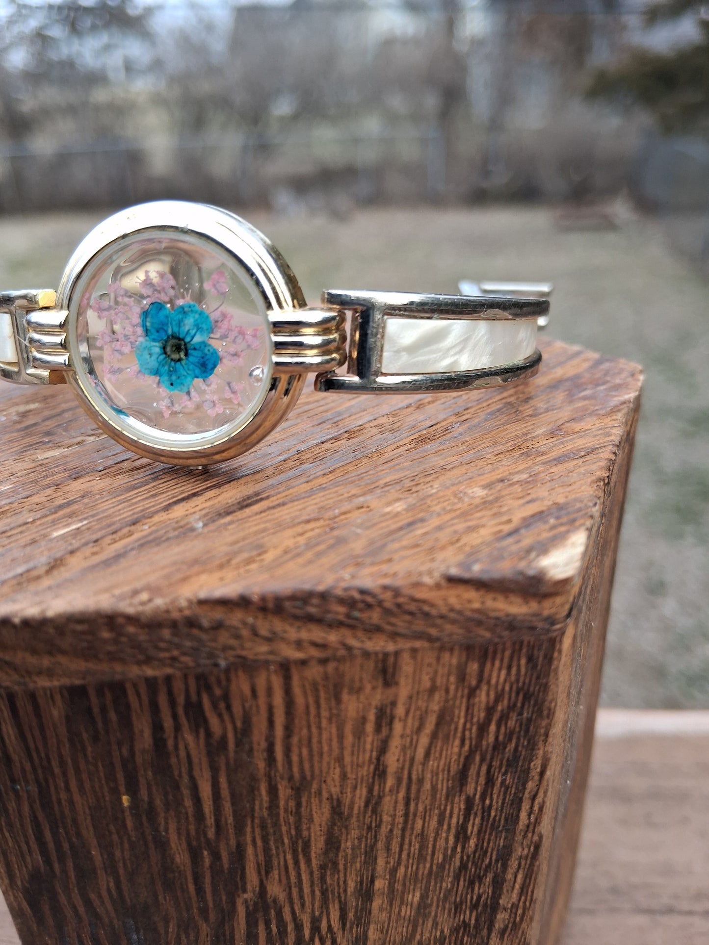 Turquoise & Pink Pressed Flower Watch Bracelet