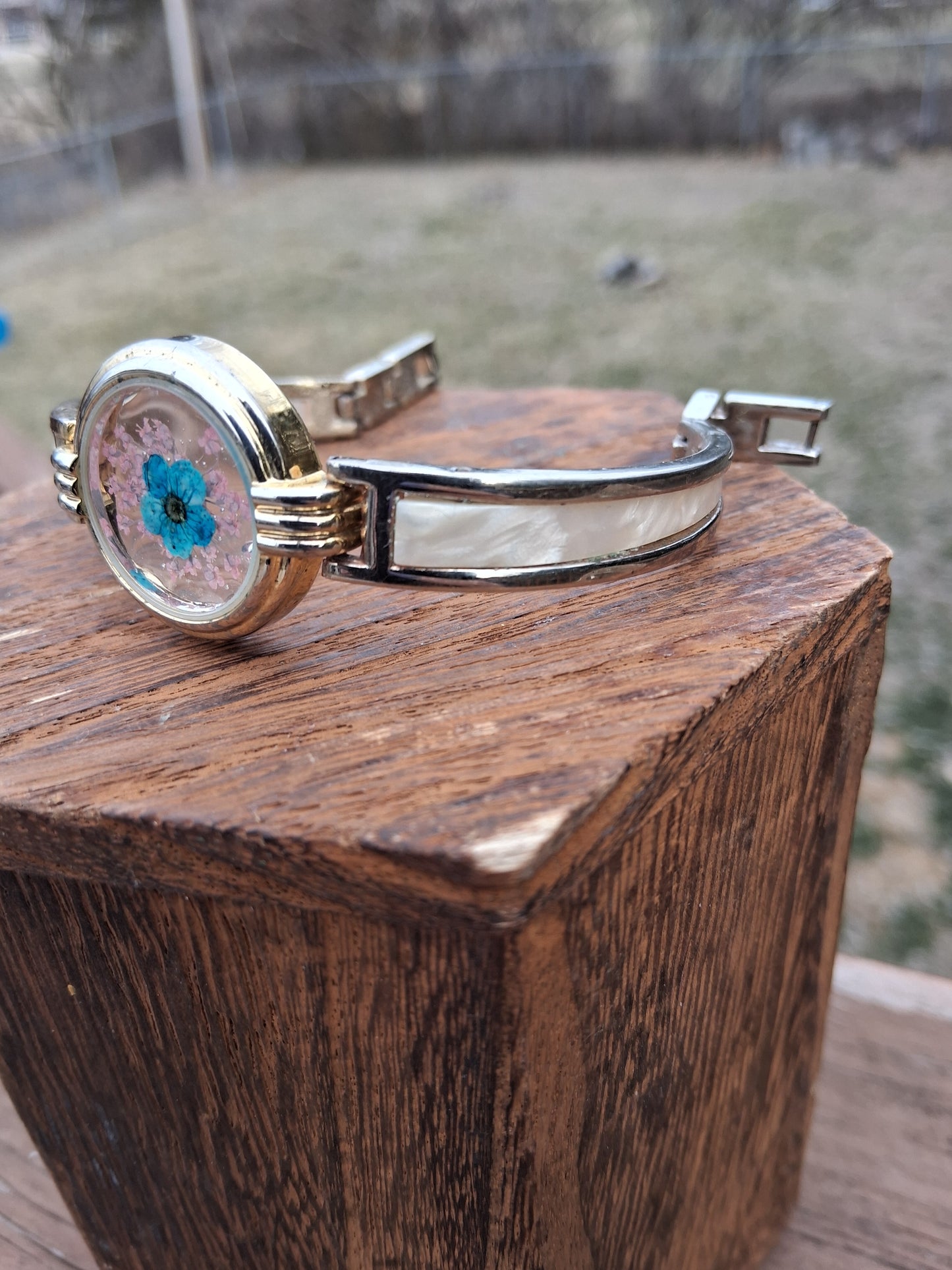 Turquoise & Pink Pressed Flower Watch Bracelet