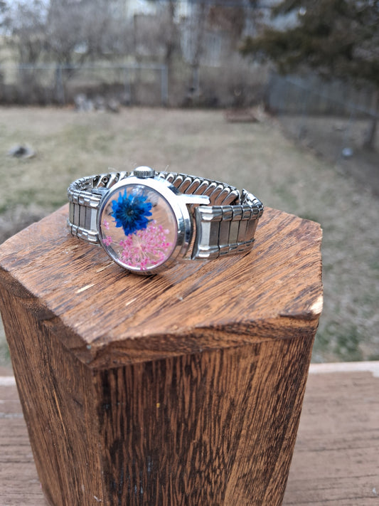 Blue & Pink Pressed Flower Expansion Watch Bracelet