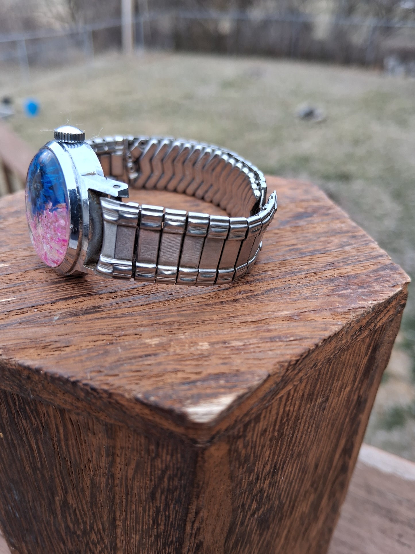 Blue & Pink Pressed Flower Expansion Watch Bracelet