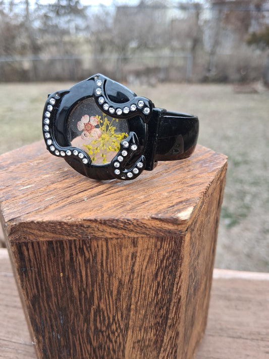 Upcycled Watch Black Rhinestone Pressed Flower Cuff Bracelet