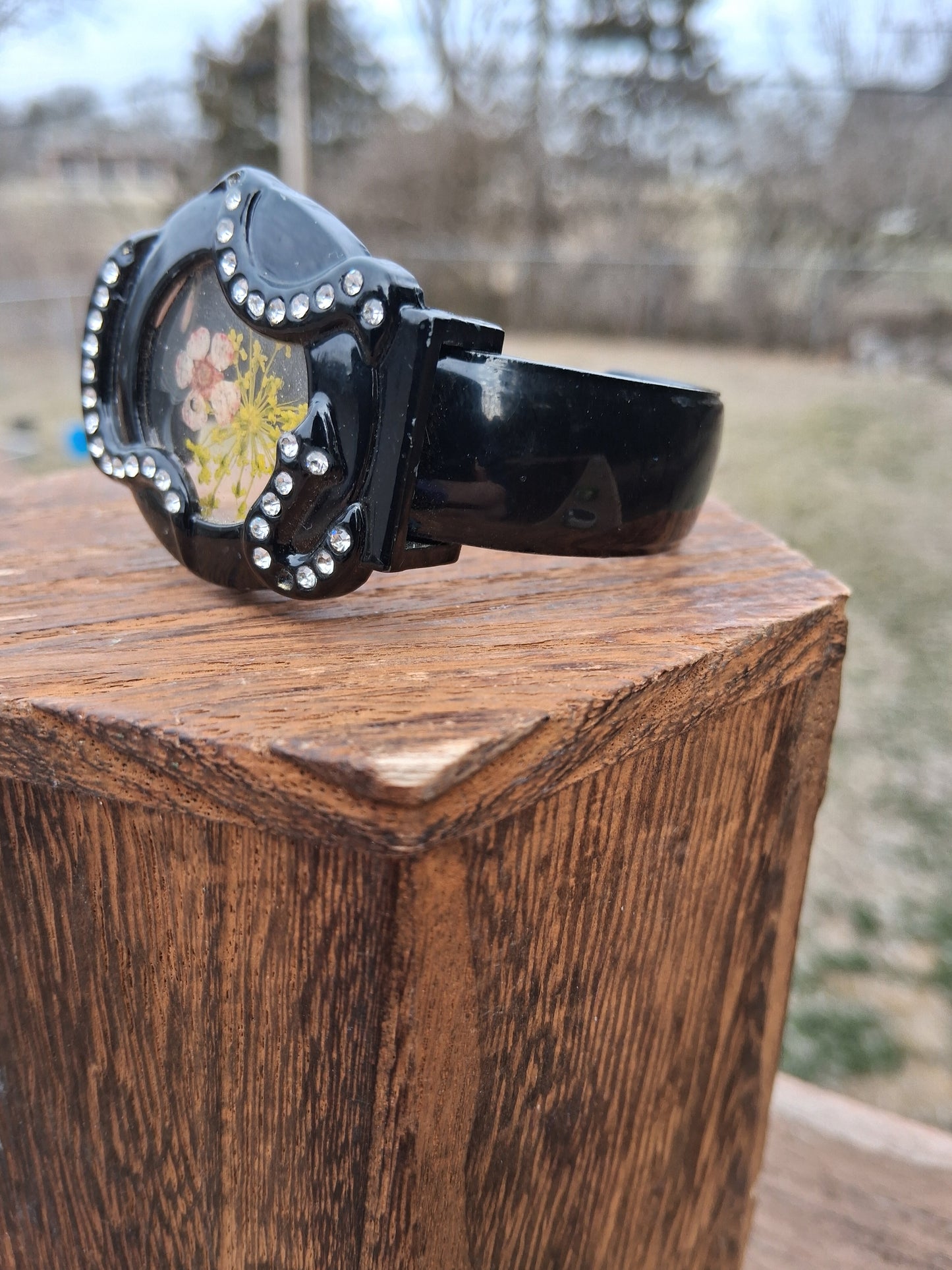 Upcycled Watch Black Rhinestone Pressed Flower Cuff Bracelet