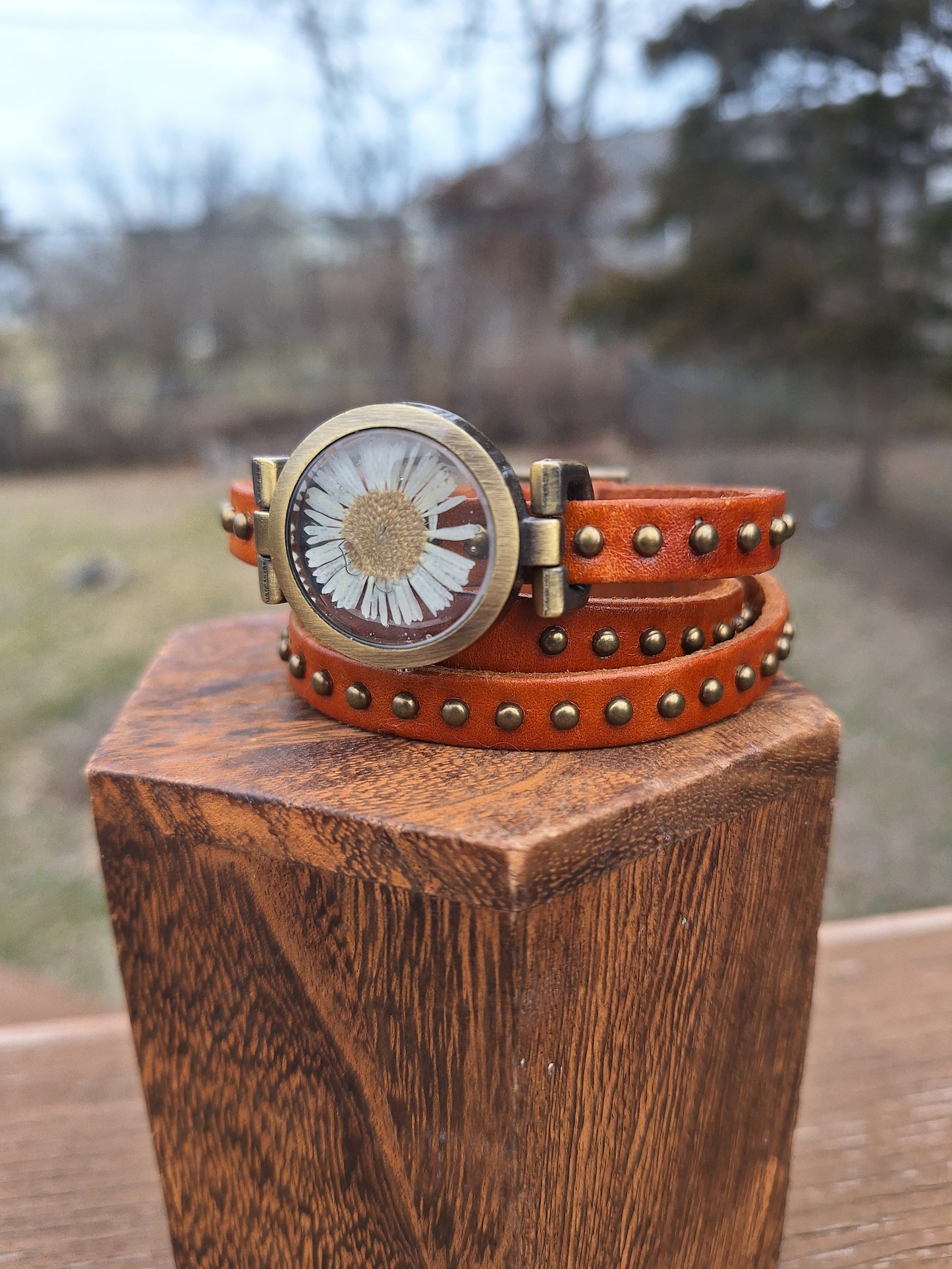 Upcycled Watch Pressed Daisy Studded Leather Wrap Bracelet
