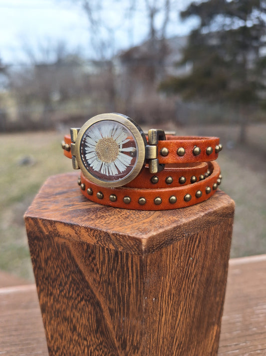 Upcycled Watch Pressed Daisy Studded Leather Wrap Bracelet