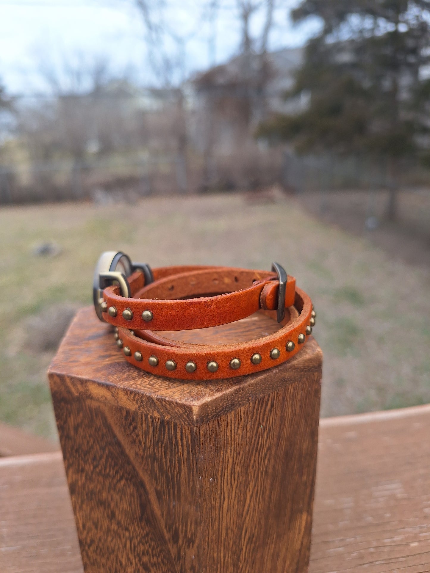 Upcycled Watch Pressed Daisy Studded Leather Wrap Bracelet