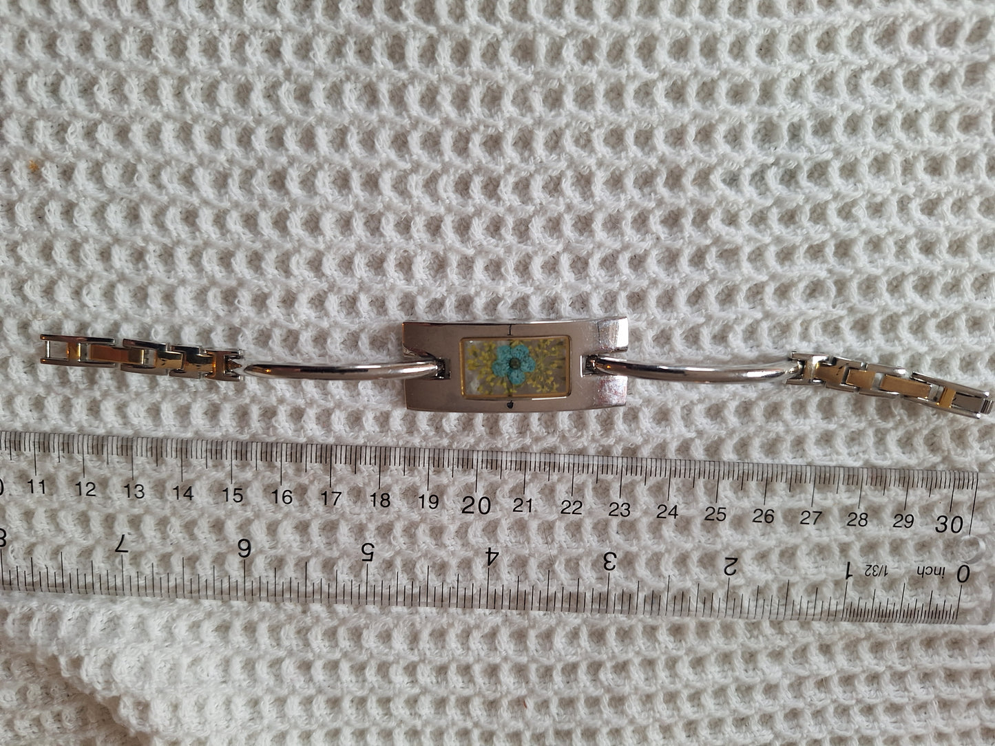 Upcycled Watch Turquoise & Yellow Pressed Flower Cuff Bracelet