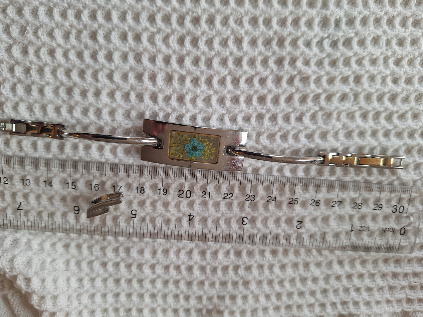 Upcycled Watch Turquoise & Yellow Pressed Flower Cuff Bracelet