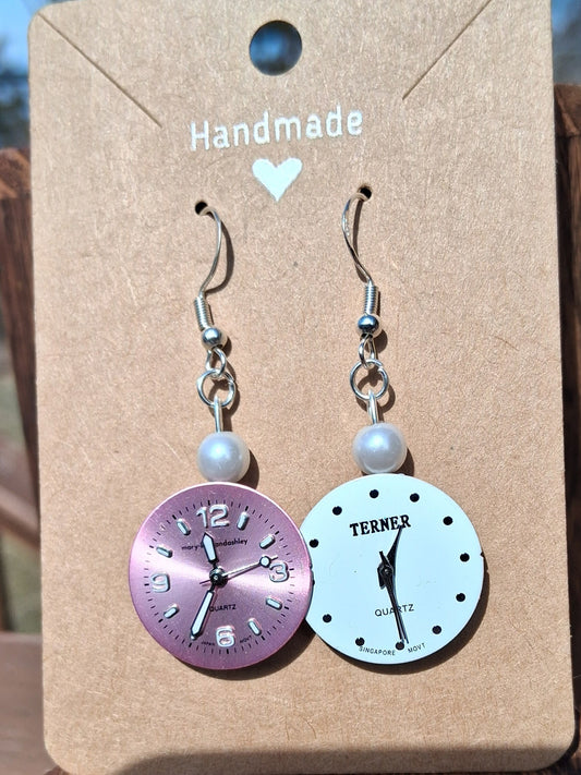 Handmade Pink & Pale Blue Pearl Watch Face Earrings