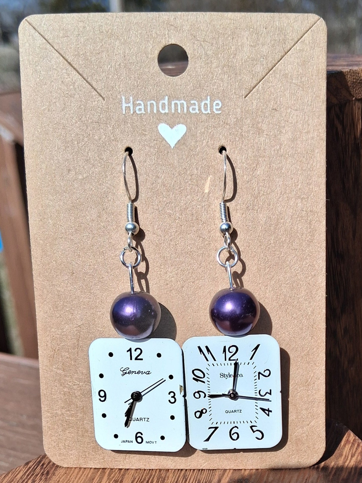 Handmade Purple Pearlescent White Rectangle Watch Face Earrings