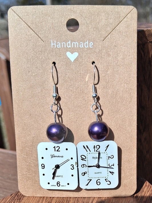 Handmade Purple Pearlescent White Rectangle Watch Face Earrings