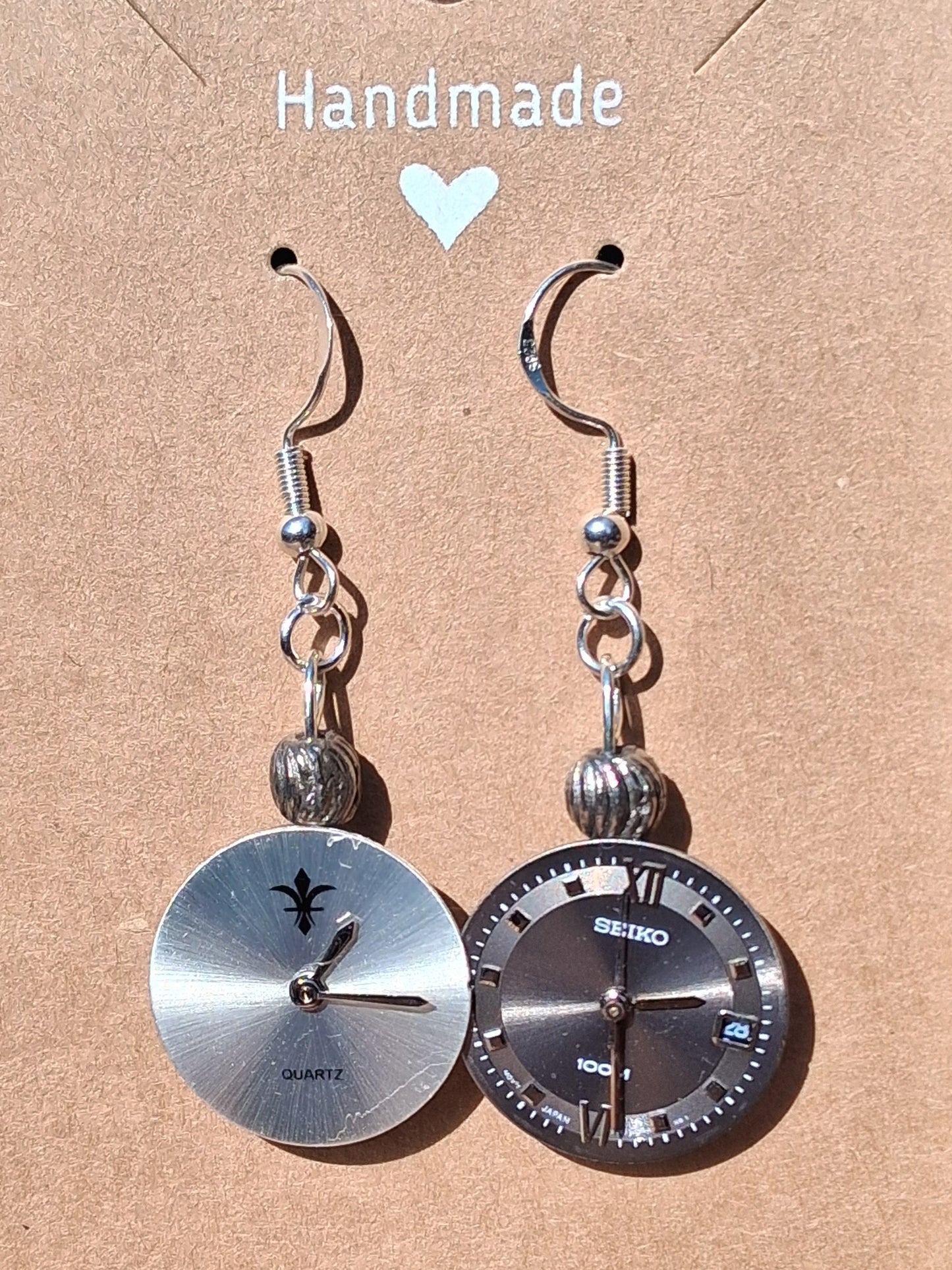 Handmade Silver Mismatched Watch Face Earrings