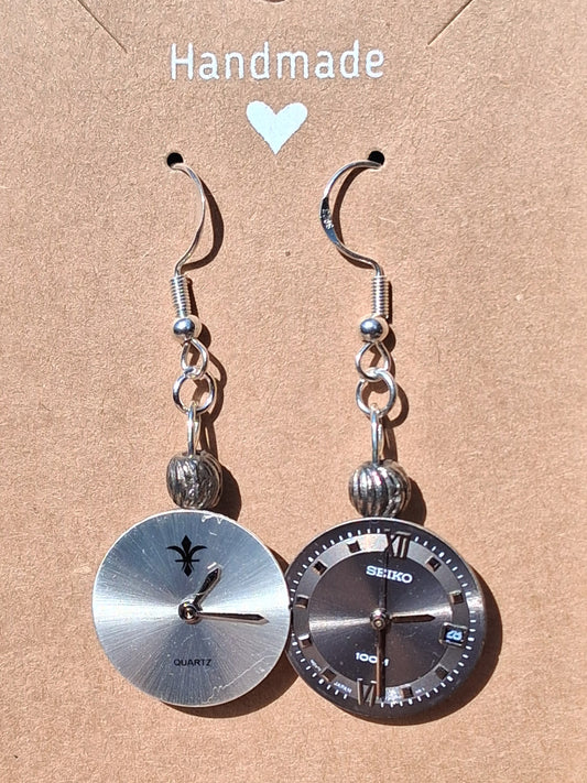 Handmade Silver Mismatched Watch Face Earrings