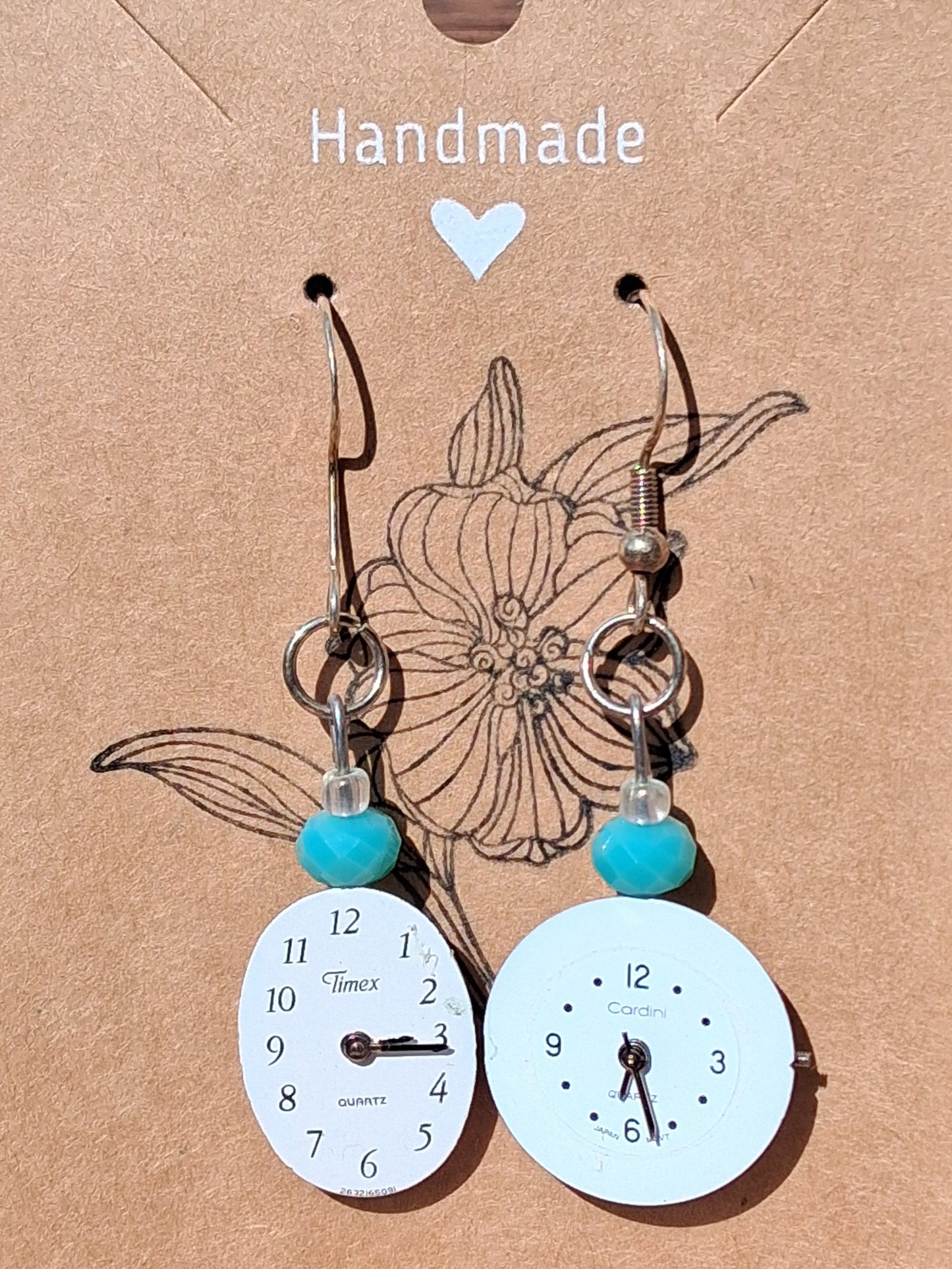 Handmade Turquoise Color Bead White Watch Face Earrings