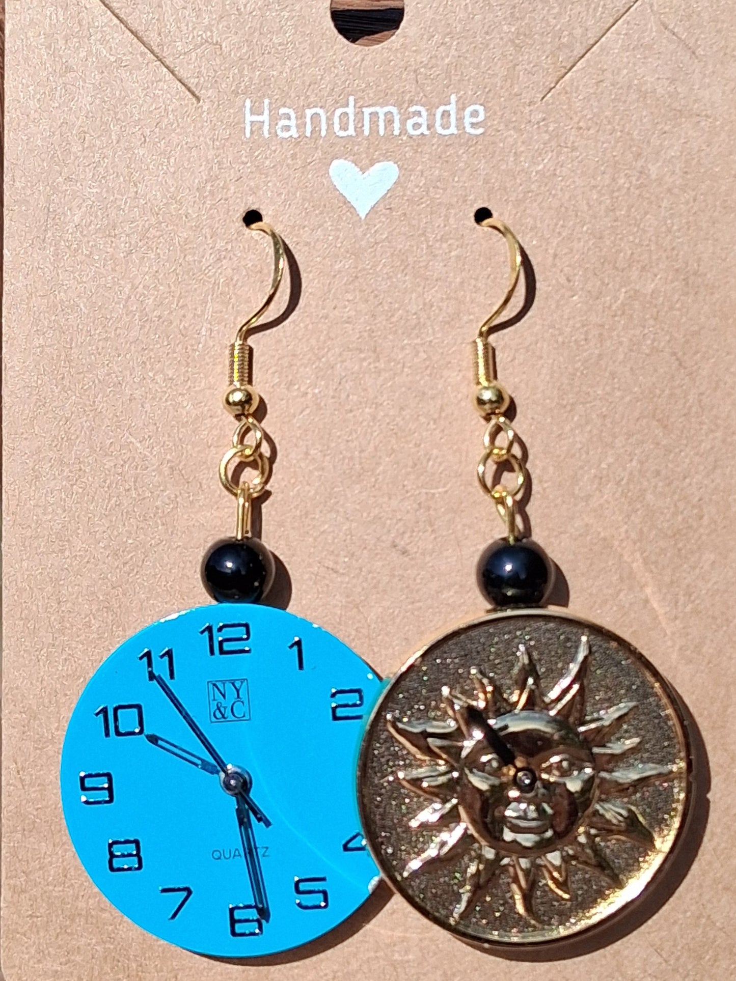 Handmade Blue Watch & Celestial Sun Mismatched Earrings
