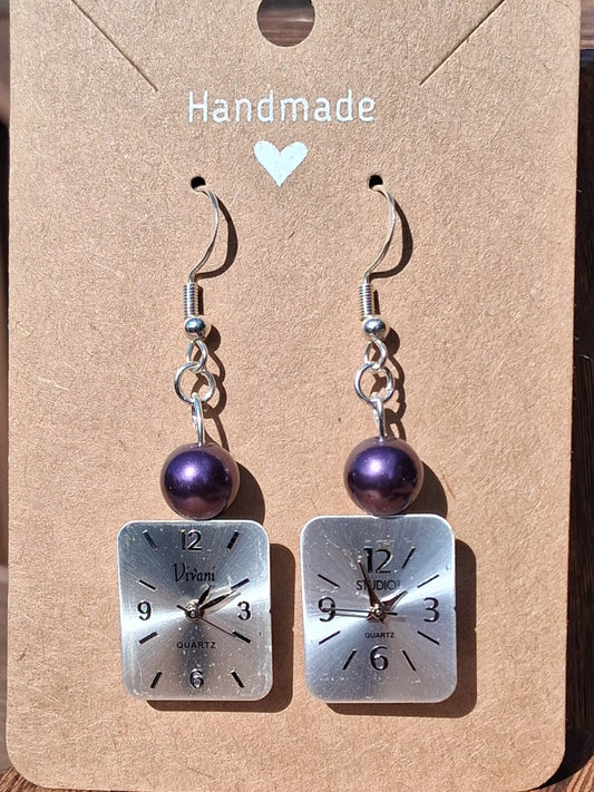 Handmade Purple Pearl Bead Silver Watch Face Earrings