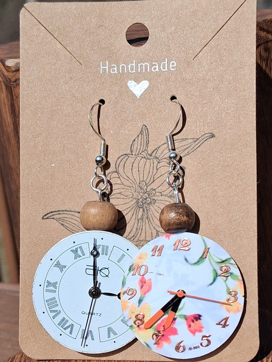 Handmade Wooden Bead Floral Watch Face Earrings
