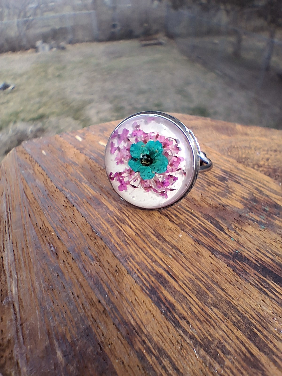 Upcycled Watch Part Adjustable Turquoise Flower Ring