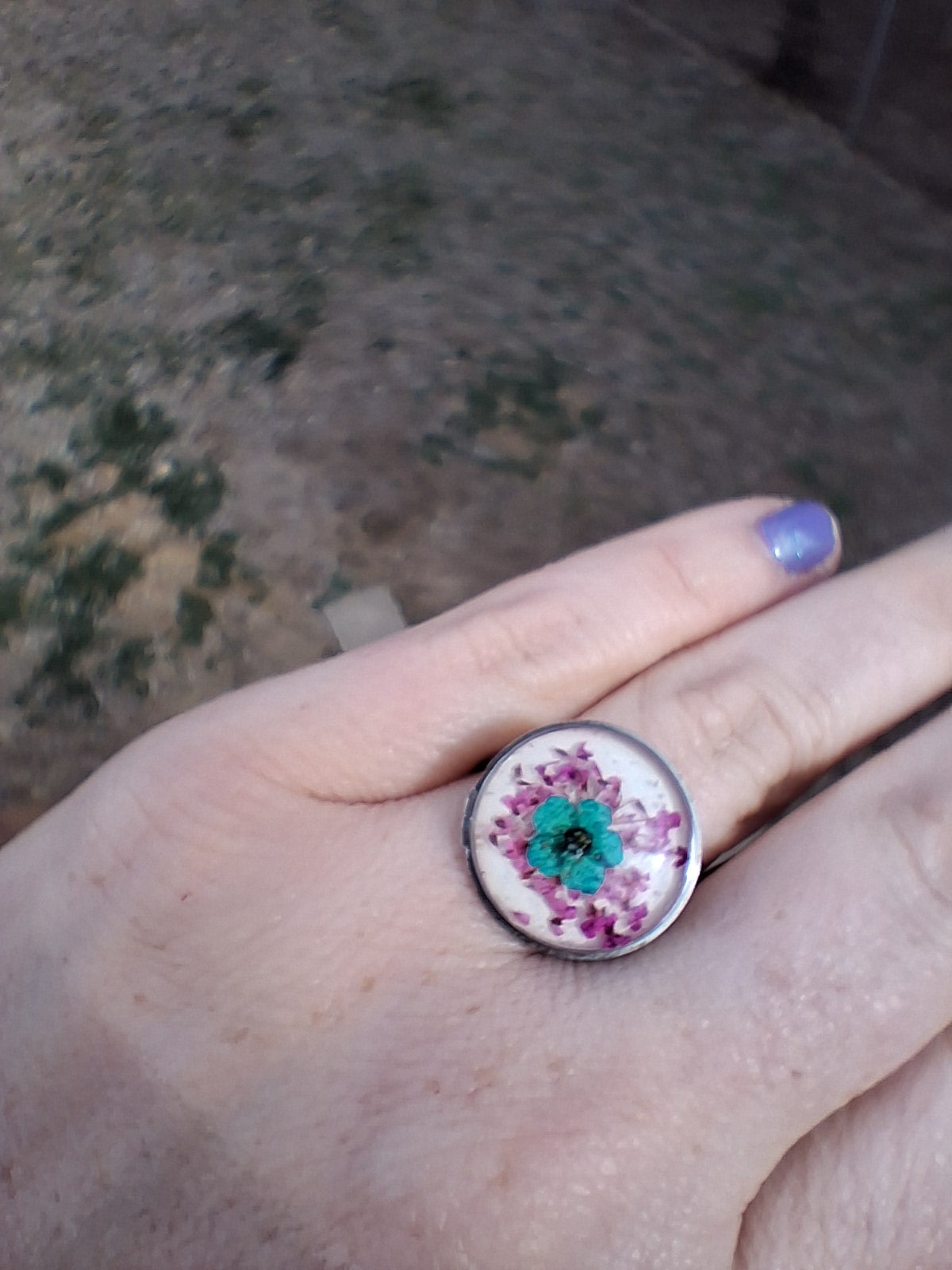 Upcycled Watch Part Adjustable Turquoise Flower Ring