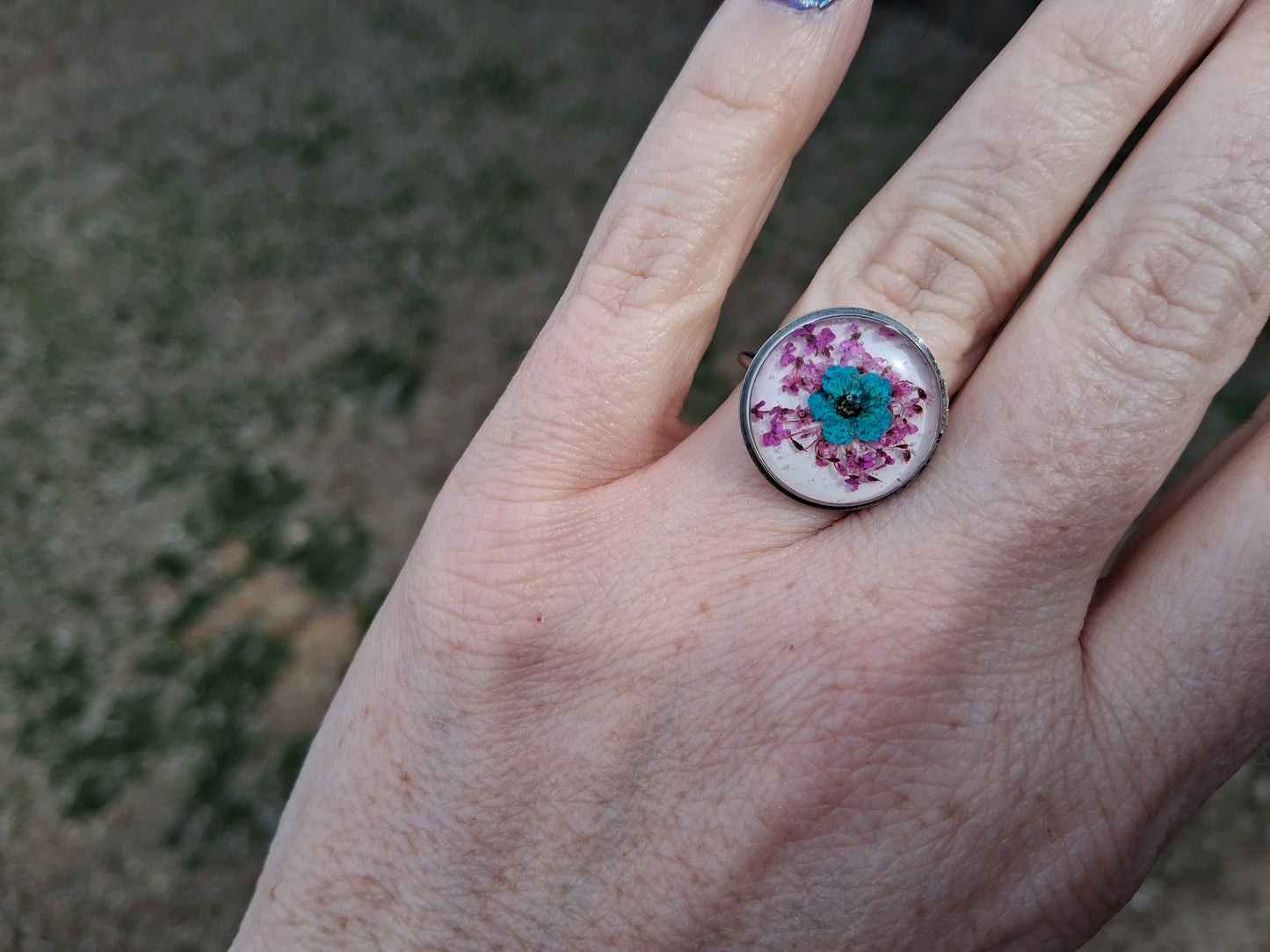 Upcycled Watch Part Adjustable Turquoise Flower Ring